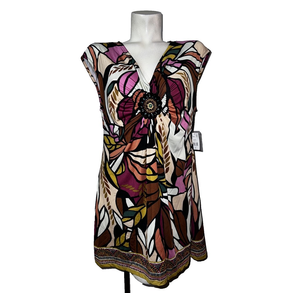 ICE Womens XL Abstract Botanical Print Beaded Medallion Sleeveless Tunic Top NEW